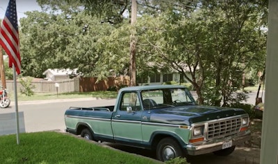 Overton’s F-100 pickup sits in the driveway of his Austin, Texas home, which he built in 1945.