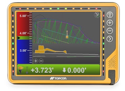 Measuring 10-inches across, the new Topcon GX-75 in-cab display can communicate wirelessly to the office. Photo: Topcon