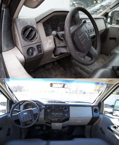 Before and after of a remanufactured interior from IronDirect Reman Trucks.