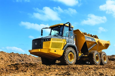 Deere’s new 26-ton 260E articulated dump truck is powered by a 321-horsepower engine. It and the 310E come with updated styling, cabs, frames and axles from their D-Series predecessors.