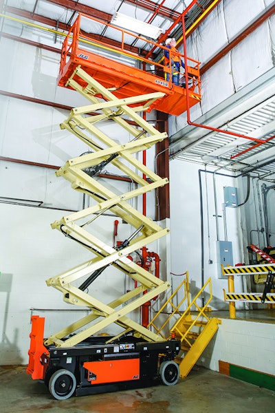 At 45 inches wide, the JLG 4045R electric scissor lift can work in tight spaces.