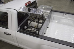 Thunder Creek’s combination diesel and DEF transfer tank fits into the back of a pickup and holds 100 gallons of diesel and 18 gallons of diesel exhaust fluid.