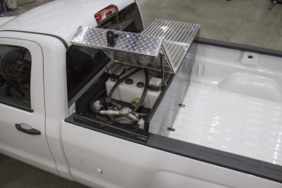 Thunder Creek’s combination diesel and DEF transfer tank fits into the back of a pickup and holds 100 gallons of diesel and 18 gallons of diesel exhaust fluid.