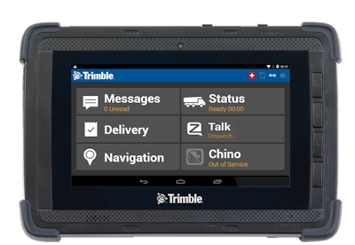 Fully portable, the Trimble ConnectedTablet combines voice, push to talk, load counts, GPS maps, inspections and hours of service information in one device that mounts in the cab of your mixer or dump truck. Photo: Trimble