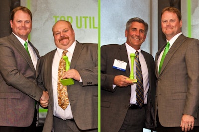 Troy Kynaston (left) and Brent Goodman accept the Subsite Electronics Top Sales Awards from Subsite’s John Lamerton.