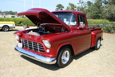 1955 Chevy 3100 with a 350 bored .030 over and bolted to a 700 R4 transmission and 9-inch Ford rear end. Owner Keith Hawkins of Automotive Expressions in Hallsville, Mo. says he’s not interested in selling this daily driver. More pictures below.