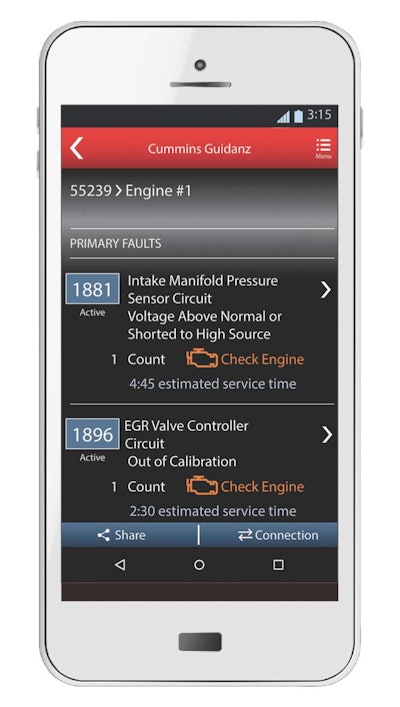 The Cummins Guidance app allows customers with in-house service centers to read fault codes and other key engine information for 2007 and newer engines. Photo: Cummins
