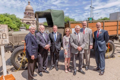 Attending the employee event marking TxDOT’s 100th anniversary were (left to right) Texas Transportation Commission Chairman Tryon Lewis, Senate Transportation Committee Chairman Sen. Robert Nichols, Texas Transportation Commissioner J. Bruce Bugg Jr., House Transportation Committee Chair Rep. Geanie Morrison, longest-serving TxDOT employee Leonard Iselt, TxDOT Executive Director James Bass and TxDOT Deputy Executive Director Marc Williams. (TxDOT)