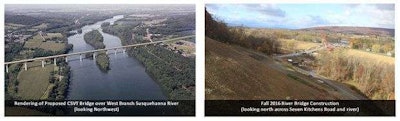 A PennDOT rendering (left) and Fall 2016 project update image of the bridge project.