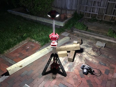 Outdoors the M18 Rocket LED Light/Charger provides a large, diffuse cone of light over a work area eliminating shadows and other impediments to work or safety.