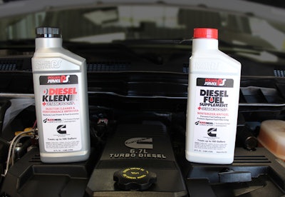 Cummins is recommending fuel additives for its diesel engines for the first time. Diesel Kleen + Cetane Boost, left, is for year-round use. Diesel Fuel Supplement + Cetane Boost is for use when temps drop below 30 degrees F.
