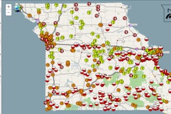 MoDOT’s Traveler Information Map provides details on the roads closed across the state. The half-red, half-white circles indicate roads closed due to flooding.