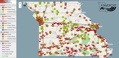 MoDOT’s Traveler Information Map provides details on the roads closed across the state. The half-red, half-white circles indicate roads closed due to flooding.