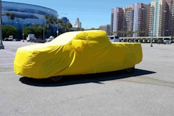 Almost ready…the Workhorse W-15 electric pickup sits under wraps in the parking lot of the Long Beach Convention Center Monday. The reveal is scheduled for Tuesday night.