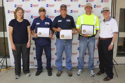 Single-Axle Dump Truck Winners – Pictured from left: MDOT Executive Director Melinda McGrath; First place, John Hodge; Second place, Ellis Akins; Third place, Billy Coward; and, Transportation Commissioner Dick Hall.