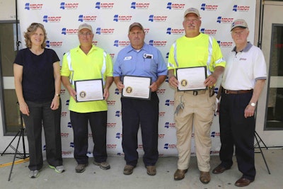 Tandem-Axle Dump Truck Winners – Pictured from left: MDOT Executive Director Melinda McGrath; First place, Jeffrey May; Second place, Mike Pritchett; Third place, Scott Horton; and, Transportation Commissioner Dick Hall.