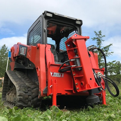 Eterra’s PDX-750 Breaker Style Post Driver attaches to skid steers, compact track loaders, excavators and backhoes.