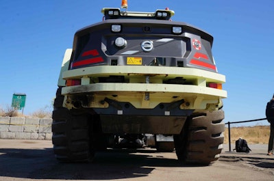 With electric motors controlling each wheel, there are no axles on the Volvo LX1.