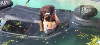 Bystander Gabriel Mejia rescued a woman who was trapped under water in an F-150 Raptor. (Screen shot from fox5sandiego.com video posted below).