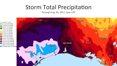 This National Weather Service map shows total rainfall for Harvey as of 2 p.m. August 30.