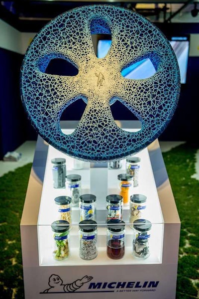 The Vision tire is both bio-sourced and bio-degradable and can be created using a variety of organic materials.