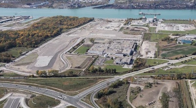 Screen capture of the Gordie Howe Bridge customs and toll plaza along the Detroit River in Windsor.
