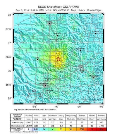 A ShakeMap illustrating the intensity of the 2016 earthquake in Pawnee, Oklahoma.