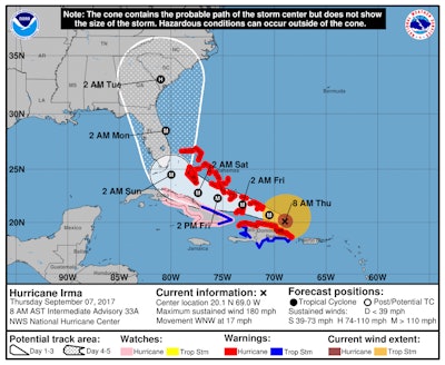 The National Hurricane Center’s forecast path for Category 5 Hurricane Irma, as of 8 a.m. Thursday.