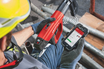 Hilti’s DX 5 powder-actuated tool connects to a smartphone app via Bluetooth. The tool also features a built-in digital service indicator screen