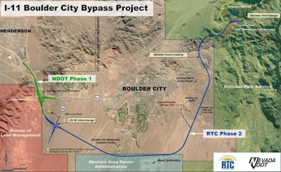 The first section of the new Interstate 11 between Nevada and Arizona is being built in two phases simultaneously.