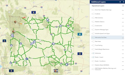 Wyoming’s updated 511 map now allows users to display alternative fuel sites as an available map layer. When selected, electric vehicle charging stations, biofuel stations and more appear on the map, designated with blue circles.