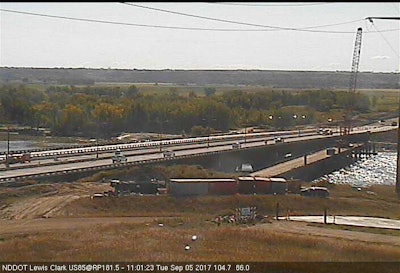 A web cam shot by the North Dakota Department of Transportation of the newly opened two lanes of the Lewis and Clark Bridge.