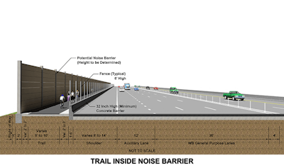 Opponents of the plan for a biking and walking trail say it comes too close to the highway, and they want it moved to the other side of the sound wall. Drawing from the Virginia DOT website.