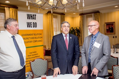 In Washington, D.C., members and staff from Equipment Dealers Association and Associated Equipment Distributors met with lawmakers during a 2017 fly-in. Above, Congressman Louis Barletta, R-Pennsylvania, (center) talks with dealers including Ivan Dorhout (right) of Town & Country Implement in Iowa. Dorhout serves on EDA’s board of directors.