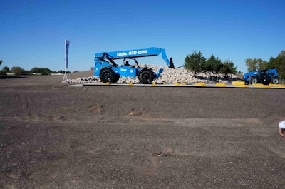 A Genie GTH-1056 telehandler gets a workout October 17 at the company’s new testing ground in Oklahoma City. Photo by Don McLoud