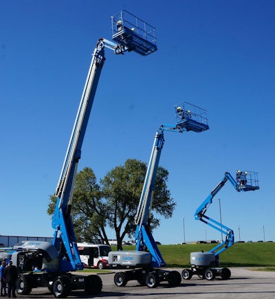 Genie displays, from left, its new S-85 XC, S-65 XC and Z-45 XC models October 17 at its production facility in Oklahoma City. Photo by Don McLoud