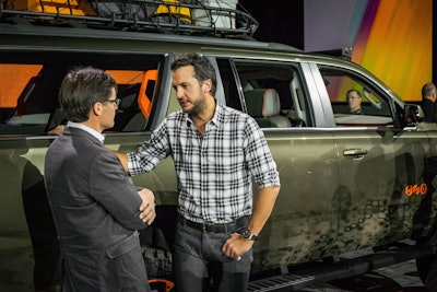 Luke Bryan talks with an attendee at the Chevy pre-SEMA media reception.