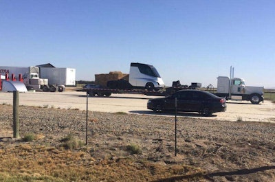 A Reddit user posted the above photo to the Tesla subreddit forum claiming that the truck on the flatbed is Tesla’s upcoming electric semi truck.