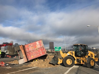A semi carrying 25 tons of hay overturned November 27 on I-5N in Portland. Photo: Oregon DOT