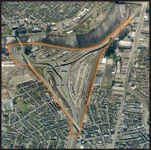 Ariel view of I-90 Allston interchange with project area highlighted. Source: MassDOT