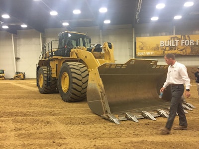 Todd Tuntland of Caterpillar explains features of Cat’s first electric-drive wheel loader, the 988K XE.