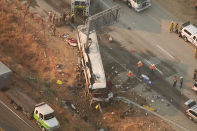 Four people died in this bus crash August 2, 2016, near Livingston, California. The carrier company, Autubuses Coordinados, had a history of safety inspection failures. Photo credit: California Highway Patrol