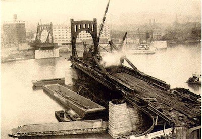 A photo of original construction in 1925 of the 7th Street Bridge, later renamed for artist and Pittsburgh native Andy Warhol. Source: Allegheny County website