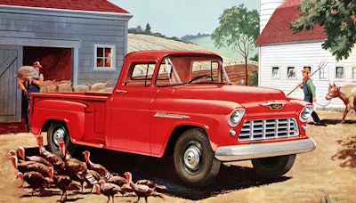 1955 Chevrolet 3200 Series half-ton long-wheelbase pickup with 265-cubic-inch (4.3L) V-8 engine, rated at 162 horsepower.