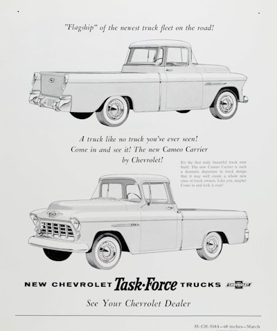 1955 Chevrolet truck advertisement featuring the 3100 Series Cameo Carrier half-ton pickup with 265-cubic-inch (4.3L) V-8 engine.