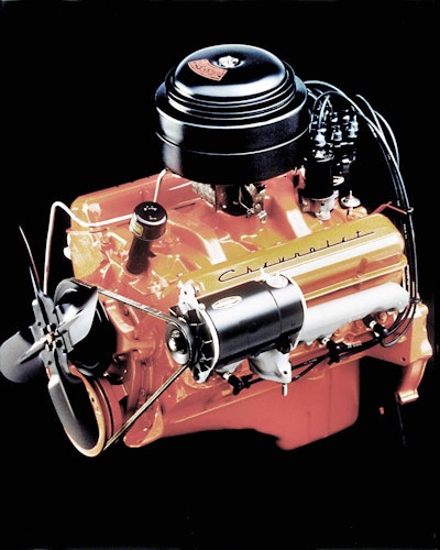 1955 Chevrolet 265-cubic-inch (4.3L) V-8 engine with two-barrel carburetor, rated at 162 horsepower and 257 lb-ft of torque.