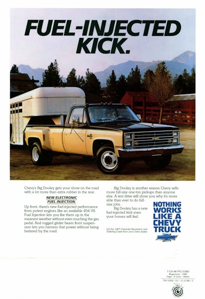 1987 Chevrolet truck advertisement featuring the C30 Silverado one-ton pickup with the available 454-cubic-inch (7.4L) fuel-injected Big Block V-8 engine.