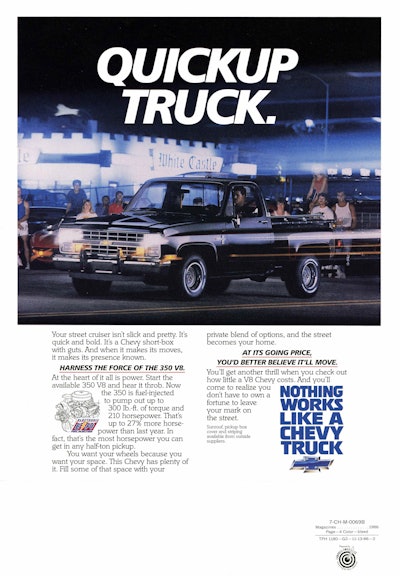 1987 Chevrolet truck advertisement featuring the C10 Silverado half-ton pickup with the available 350-cubic-inch (5.7L) fuel-injected Small Block V-8 engine, rated at 210 horsepower and 300 lb-ft of torque.