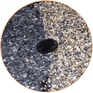 Side-by-side comparison of newly installed high-friction surface treatments (right) next to traditional surfacing. Photo: Frank Julian, FHWA