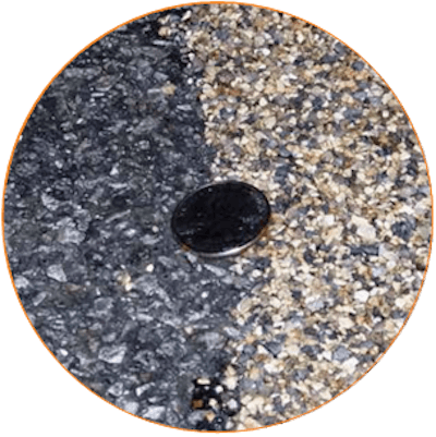 Side-by-side comparison of newly installed high-friction surface treatments (right) next to traditional surfacing. Photo: Frank Julian, FHWA